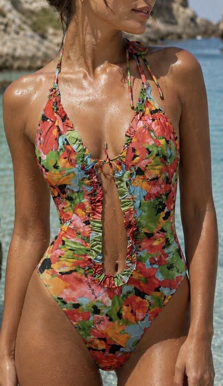 Baby Phat One Piece Swimsuit Size XL Floral Cutout Halter Monokini Open Back NWT